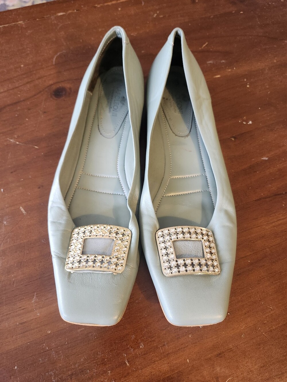 Napoleoni- Crystal Buckle Pale Blue Leather Women's Flats- Size 41